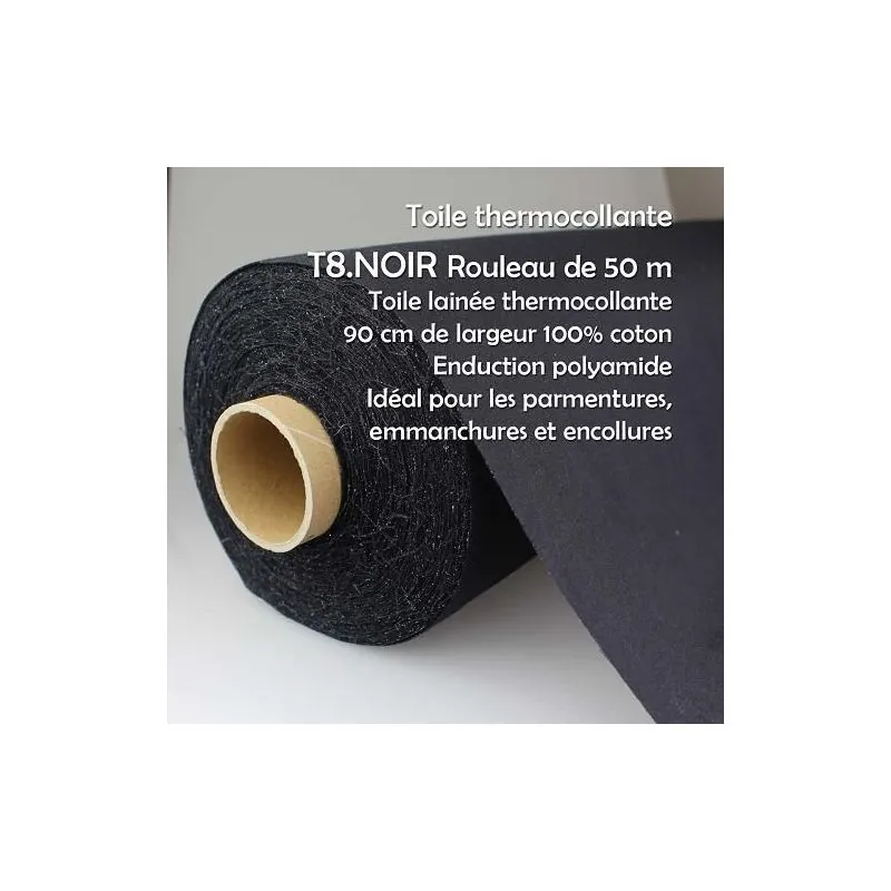 Rouleau tissus noir 50 m tissé thermocollant 90 cm 100% coton