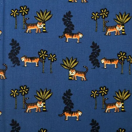Tissu coton bleu roi imprimés tigres