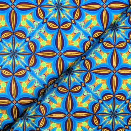 Tissu coton bleu azur imprimés géométriques