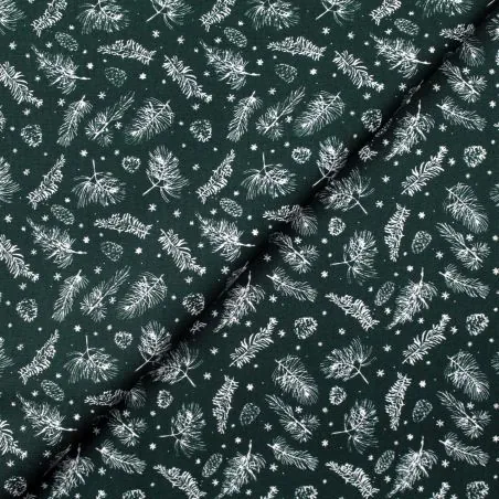 Tissu coton vert sapin imprimé feuillages de Noël - oeko tex