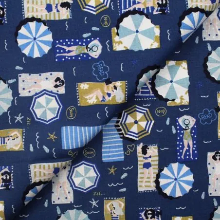 Tissu coton bleu marine imprimé plage - oeko tex