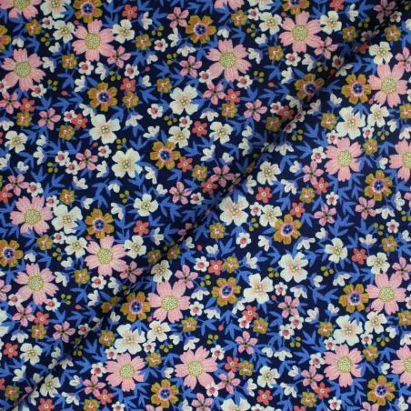 Tissu popeline de coton bleu nuit imprimés fleuris