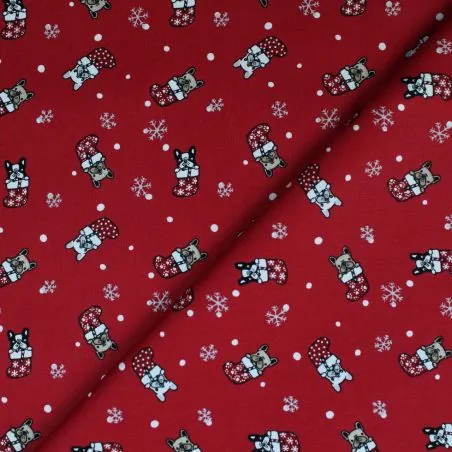 Tissu coton rouge imprimé Noël bulldog - oeko tex