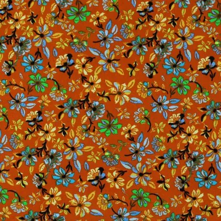 Tissu popeline de coton orange imprimé fleuri