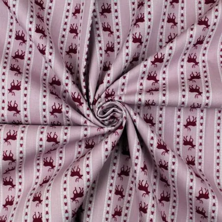 Tissu coton bois de rose imprimé cerf bordeaux