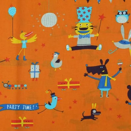Tissu coton orange imprimé fête animaux