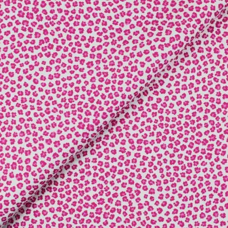 Tissu coton blanc milleraie imprimé léopards fuchsia