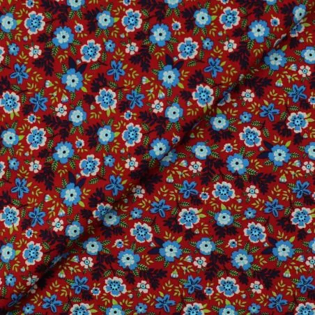 Tissu popeline de coton rouge imprimé fleuri
