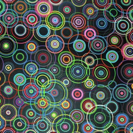 Tissu coton noir imprimé géométrique ronds multicolores