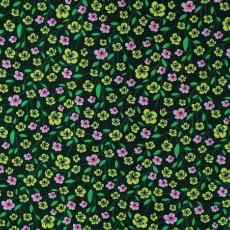 Tissu popeline de coton vert sapin imprimé fleuri