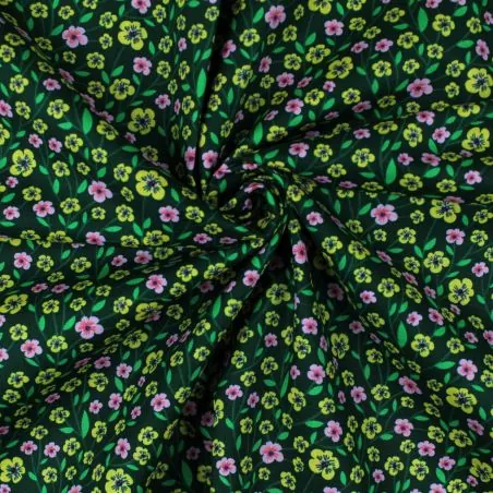 Tissu popeline de coton vert sapin imprimé fleuri