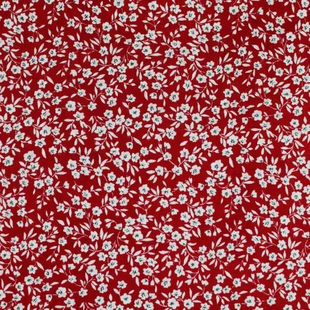 Tissu popeline de coton rouge imprimé fleuri blanc