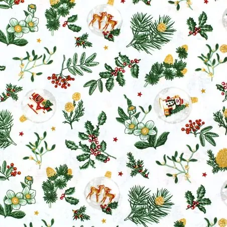 Tissu coton blanc imprimé décorations de Noël - oeko tex