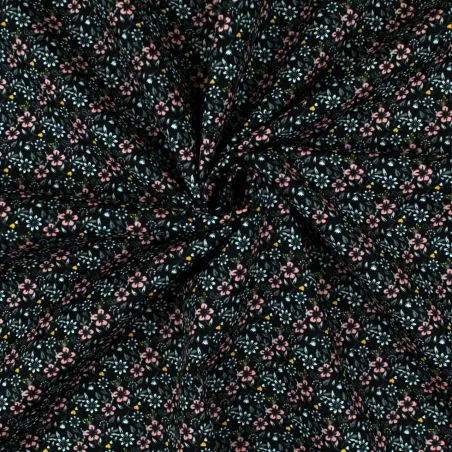 Tissu coton noir imprimé fleuri rose