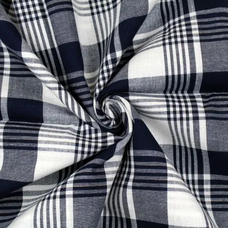 Tissu coton blanc madras bleu marine