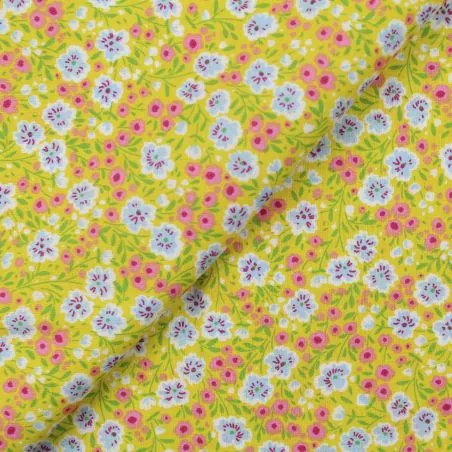 Tissu coton jaune imprimé fleuri