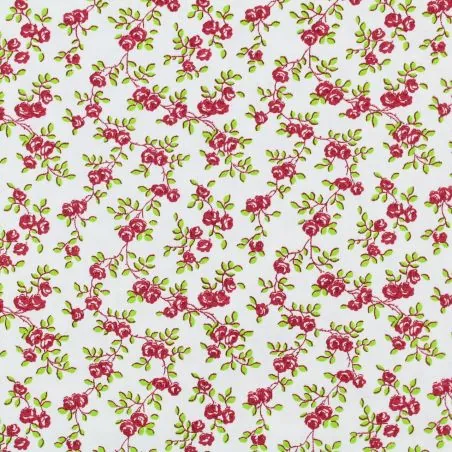 Tissu coton blanc imprimé fleuri framboise