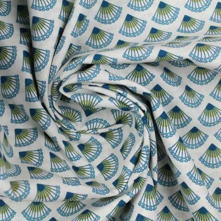 Tissu coton blanc imprimé éventail bleu