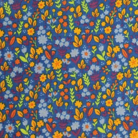 Tissu coton bleu roi imprimé fleuri