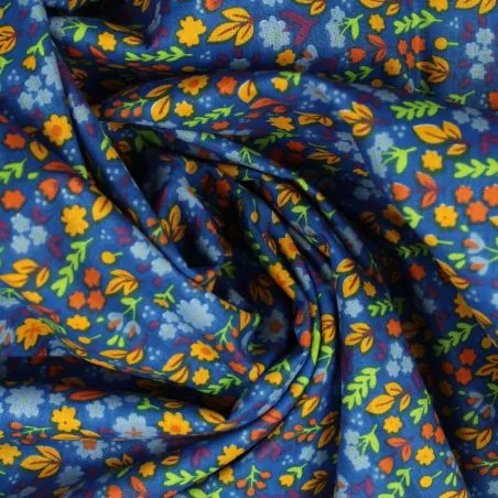 Tissu coton bleu roi imprimé fleuri