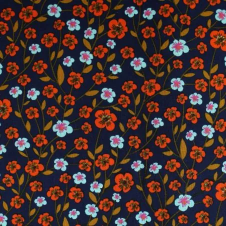 Tissu popeline de coton bleu nuit imprimé fleuri orange