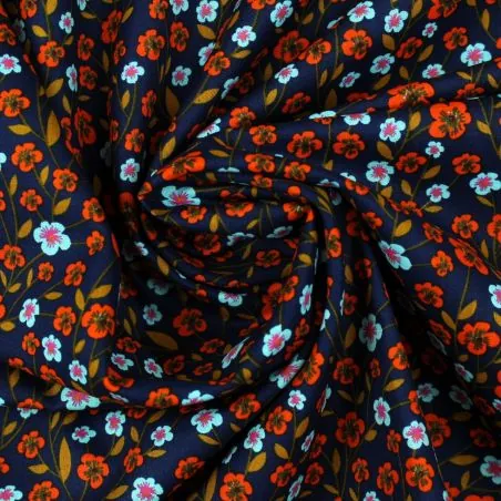 Tissu popeline de coton bleu nuit imprimé fleuri orange