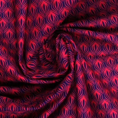 Tissu coton rouge imprimé géométrique noir