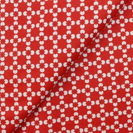 Tissu coton rouge imprimé géométrique blanc