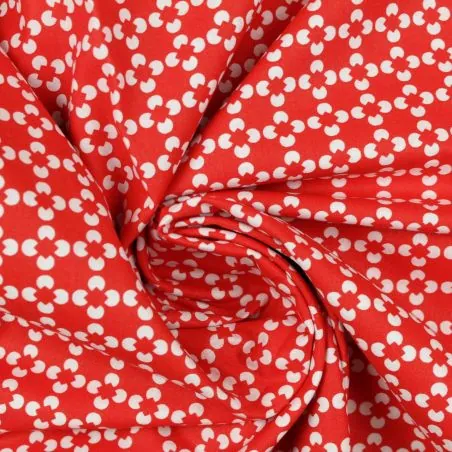 Tissu coton rouge imprimé géométrique blanc