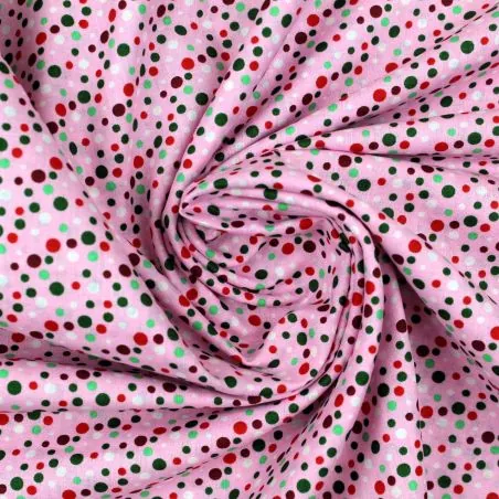 Tissu coton rose imprimé pois multicolore
