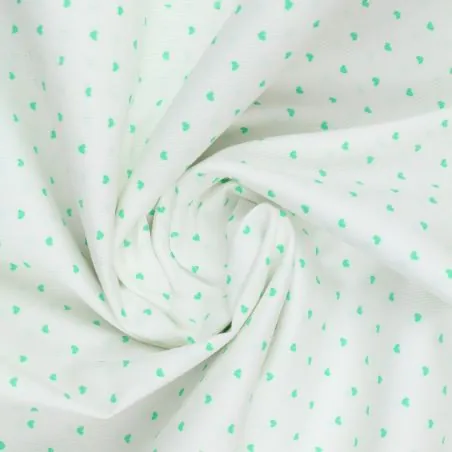 Tissu coton blanc milleraie imprimé cœur vert