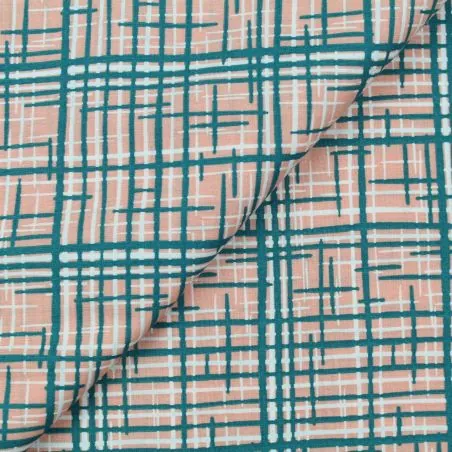 Tissu coton rose saumon imprimé géométrique