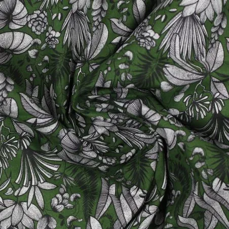 Tissu coton vert sapin imprimé fleuri