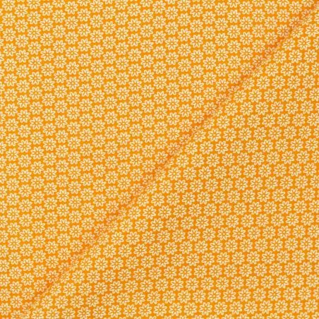 Tissu popeline de coton orange imprimé fleuri blanc