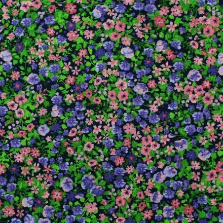 Tissu popeline de coton bleu marine imprimé fleuri rose et violet