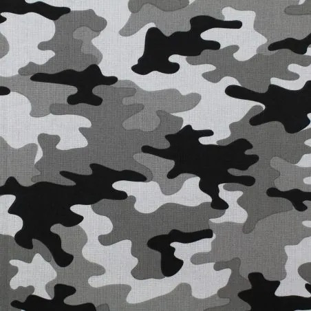 Tissu coton gris imprimé camouflage noir