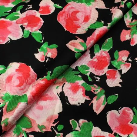 Tissu satin de soie noir imprimé fleuri rose - Made in Italy