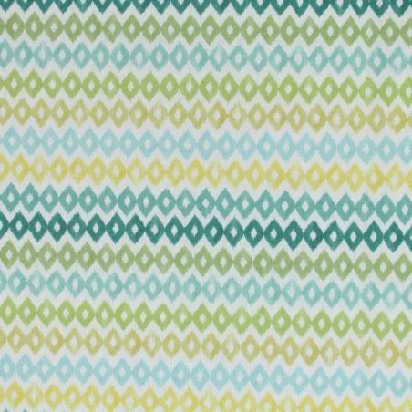 Tissu coton blanc imprimé losange vert, bleu et jaune
