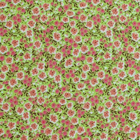 Tissu coton vert imprimé fleuri rose
