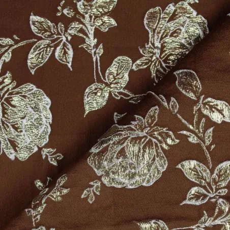 Tissu brocart marron chocolat motif floral doré