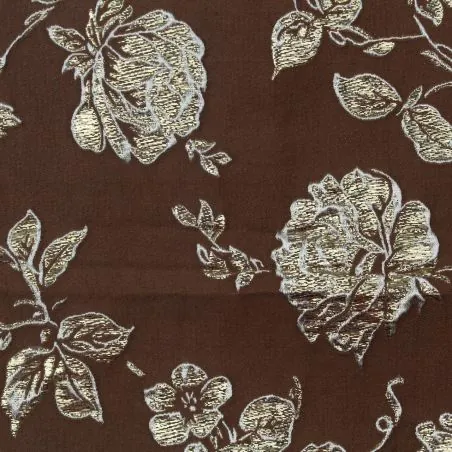 Tissu brocart marron chocolat motif floral doré