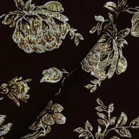 Tissu brocart marron motif floral doré