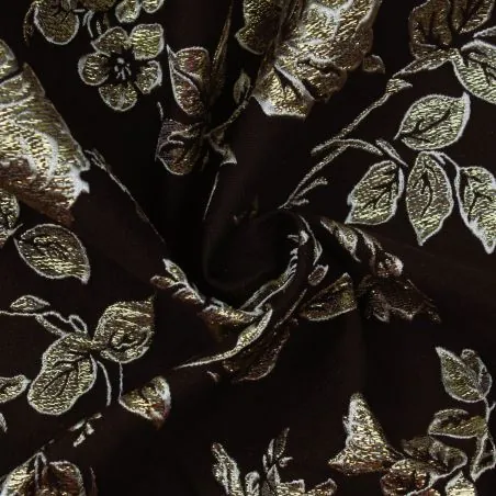 Tissu brocart marron motif floral doré
