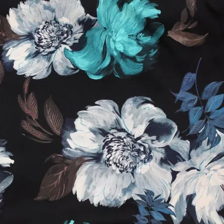 Tissu satin de soie noir imprimé fleuri bleu - Made in Italy