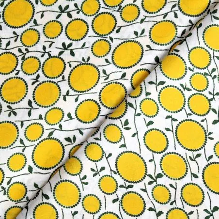 Tissu satin de soie écru imprimé rond jaune - Made in Italy
