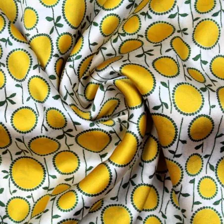 Tissu satin de soie écru imprimé rond jaune - Made in Italy
