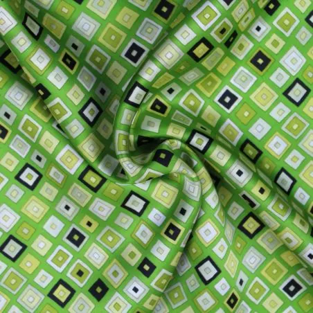Tissu satin de soie vert imprimé géométrique - Made in Italy