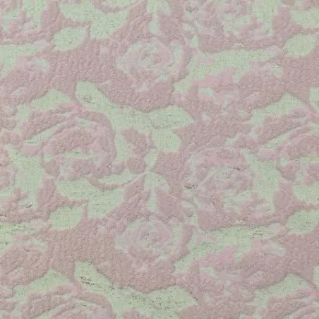 Tissu brocart écru pailleté motif floral rose