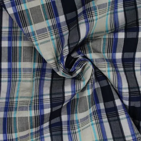Tissu coton chemise bleu et écru à carreaux