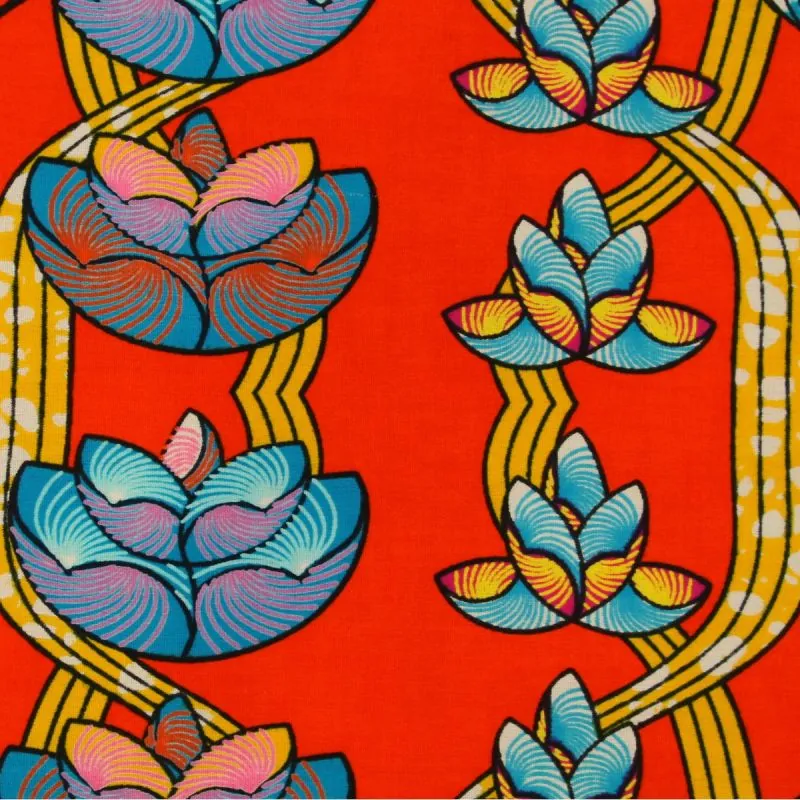 Tissu wax Coton orange imprimé motifs fleurs